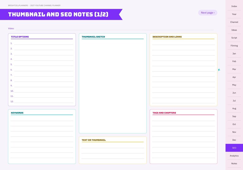 Op de afbeelding: Een digitale plannerpagina getiteld THUMBNAIL AND SEO NOTES (1/2) met secties voor titelopties, schetsen, beschrijvingen, trefwoorden en hoofdstukken. De rechterkant bevat een verticale lijst met tabbladen.