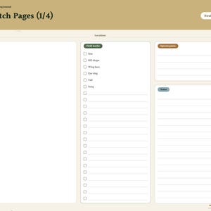 May include: A digital bird watching journal page titled Field Sketch Pages (1/4) with a tan header, a large blank sketch area, a checklist for field marks including size and song, a species guess box, and a lined notes section.