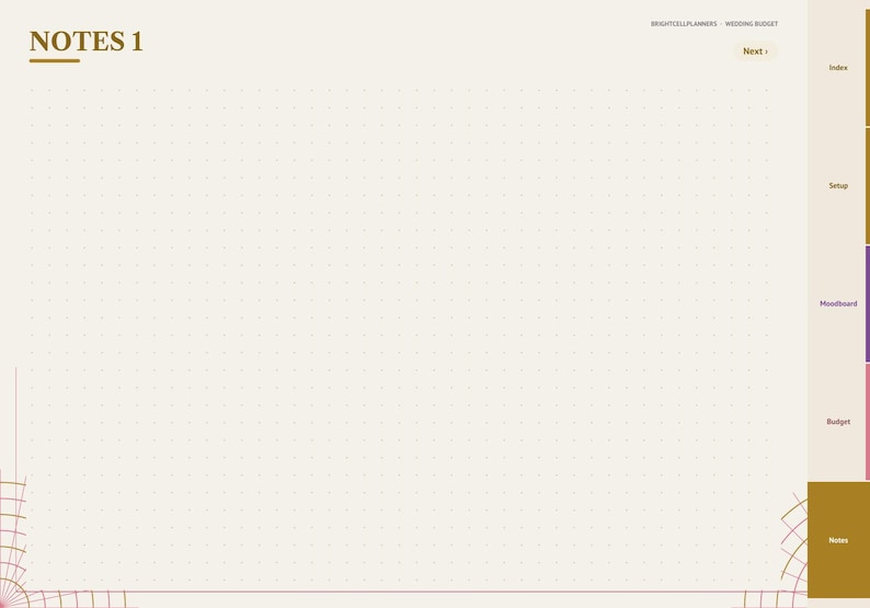May include: A digital planner page titled NOTES 1 with a cream-colored background and a subtle dot grid pattern. The right side features a vertical navigation tab menu with labels including Index, Setup, Moodboard, Budget, and Notes.