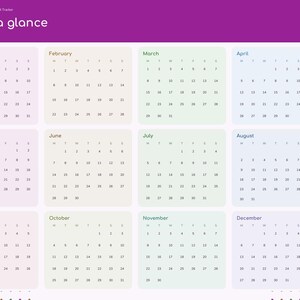 May include: A digital 2027 annual habit tracker planner page with a purple header titled 2027 at a glance. It features twelve monthly calendar grids in pastel colors, each with days of the week and dates. A sidebar includes navigation links.