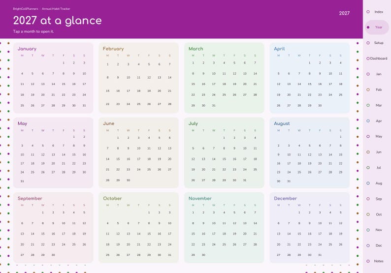 May include: A digital 2027 annual habit tracker planner page with a purple header titled 2027 at a glance. It features twelve monthly calendar grids in pastel colors, each with days of the week and dates. A sidebar includes navigation links.