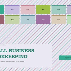 May include: A digital planner interface featuring twelve rectangular month tabs in various pastel colors labeled JAN through DEC. The page includes the text BRIGHTCELLPLANNERS, SMALL BUSINESS BOOKKEEPING, 2027, and a green Open planner button.