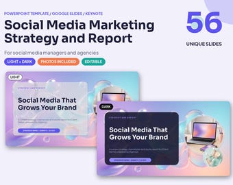 Może przedstawiać: Cyfrowy szablon prezentacji zatytułowany Social Media Marketing Strategy and Report zawierający 56 unikalnych slajdów dla PowerPoint, Google Slides i Keynote. Projekt obejmuje jasne i ciemne motywy z grafikami bąbelków oraz edytowalnymi polami tekstowymi.