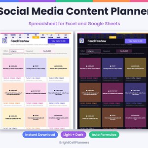 Może przedstawiać: Arkusz Social Media Content Planner dla Excel i Google Sheets z podglądem w trybie jasnym i ciemnym. Interfejs wyświetla podgląd kanału z układami siatki, typami post&oacute;w oraz szczeg&oacute;łami planowania treści na Instagram.