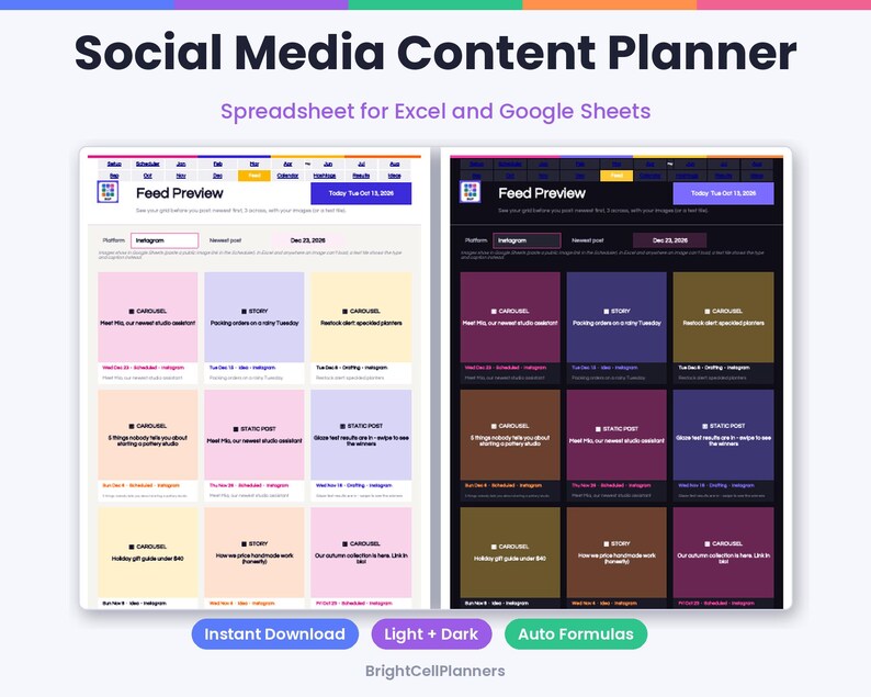 Może przedstawiać: Arkusz Social Media Content Planner dla Excel i Google Sheets z podglądem w trybie jasnym i ciemnym. Interfejs wyświetla podgląd kanału z układami siatki, typami post&oacute;w oraz szczeg&oacute;łami planowania treści na Instagram.