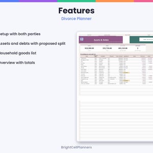 K&ouml;nnte beinhalten: Eine digitale Scheidungsplaner-Vorlage mit dem Titel Features Divorce Planner von BrightCellPlanners. Sie listet Einrichtung, Verm&ouml;genswerte, Schulden, Haushaltswaren und Summen auf. Die Oberfl&auml;che zeigt eine Assets & Debts-Tabelle mit Spalten f&uuml;r Posten.