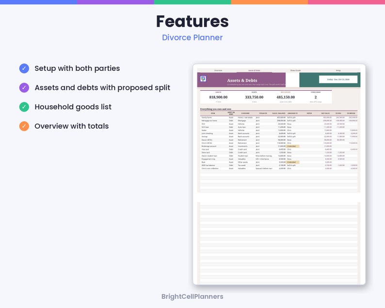 K&ouml;nnte beinhalten: Eine digitale Scheidungsplaner-Vorlage mit dem Titel Features Divorce Planner von BrightCellPlanners. Sie listet Einrichtung, Verm&ouml;genswerte, Schulden, Haushaltswaren und Summen auf. Die Oberfl&auml;che zeigt eine Assets & Debts-Tabelle mit Spalten f&uuml;r Posten.