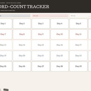May include: A digital word-count tracker planner page featuring a dark header with the text WORD-COUNT TRACKER and a grid of thirty white rectangular boxes labeled Day 1 through Day 30, with a sidebar containing navigation labels.