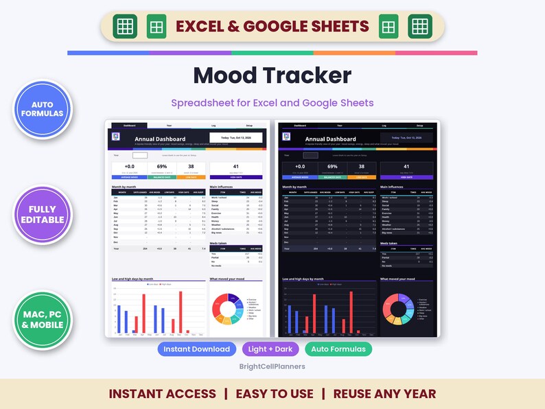 Planilha de Rastreamento de Humor para Excel e Planilhas Google - Um Ano em Pixels e Diário de Saúde Mental imagem 1