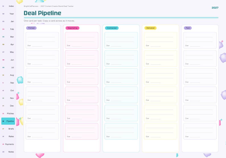 May include: A digital content creator brand deal tracker template titled Deal Pipeline with columns for Pitched, Negotiating, Contracted, Delivered, and Paid. The layout features a sidebar with navigation tabs and a 2027 year indicator.