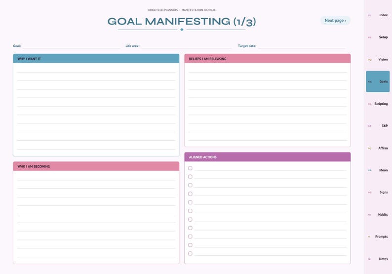 May include: A digital goal manifesting planner page titled Goal Manifesting (1/3) with sections for Goal, Life area, and Target date. It includes boxes labeled Why I Want It, Beliefs I Am Releasing, Who I Am Becoming, and Aligned Actions.
