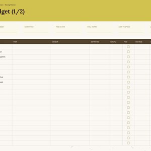 May include: A digital moving planner budget template with a yellow header labeled Budget (1/2). The layout includes a sidebar with navigation tabs and a table with columns for category, item, vendor, estimated, actual, paid, balance, due, and status.