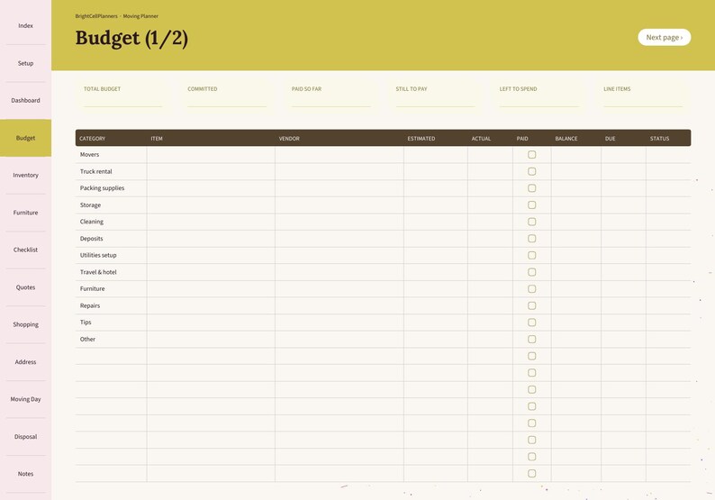 May include: A digital moving planner budget template with a yellow header labeled Budget (1/2). The layout includes a sidebar with navigation tabs and a table with columns for category, item, vendor, estimated, actual, paid, balance, due, and status.