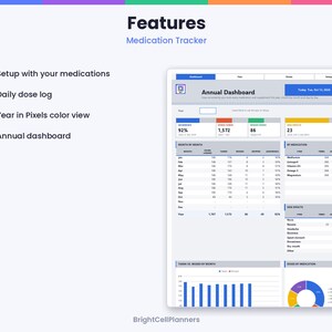 Puede incluir: Una plantilla digital de seguimiento de medicamentos con un panel anual que incluye tablas de datos, un gr&aacute;fico de barras y un gr&aacute;fico circular. La interfaz contiene secciones para registros de dosis diarias y vistas anuales.