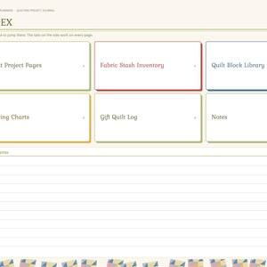 May include: A digital quilting project journal index page featuring navigation tabs on the left and six rectangular tiles labeled Quilt Project Pages, Fabric Stash Inventory, Quilt Block Library, Cutting Charts, Gift Quilt Log, and Notes.