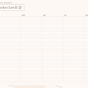 K&ouml;nnte beinhalten: Eine digitale Planer-Seite mit dem Titel Bucket List (1/2) und einer Tabelle mit Spalten f&uuml;r Dream, Where, When, Cost und Done. Das Layout enth&auml;lt eine Seitenleiste mit den Reitern Index, Vision, Income, Pension, Budget, Bucket, Health und Notes.