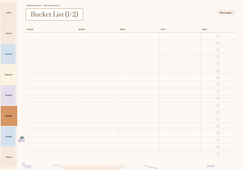 K&ouml;nnte beinhalten: Eine digitale Planer-Seite mit dem Titel Bucket List (1/2) und einer Tabelle mit Spalten f&uuml;r Dream, Where, When, Cost und Done. Das Layout enth&auml;lt eine Seitenleiste mit den Reitern Index, Vision, Income, Pension, Budget, Bucket, Health und Notes.