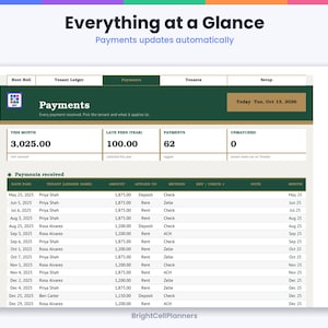 Puede incluir: Un panel digital titulado Payments que presenta una tabla de datos financieros. La interfaz muestra columnas para fecha, inquilino, cantidad, m&eacute;todo de pago y mes. El encabezado muestra los totales del mes y el recuento de pagos.