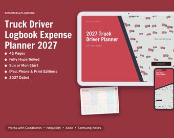 Planer pracy kierowcy ciężarówki 2027 w wersji cyfrowej, dziennik kierowcy ciężarówki, śledzenie załadunku, dziennik paliwa, mile IFTA według stanu, wydatki dietetyczne