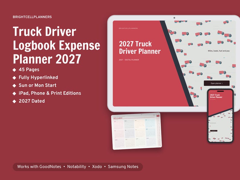 May include: A 2027 digital truck driver logbook and expense planner displayed on a tablet and smartphone. The planner features a red and white cover with a truck pattern, 45 pages, hyperlinks, and calendar views compatible with note-taking apps.