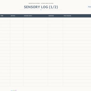 May include: A digital sensory log planner page titled SENSORY LOG (1/2) with columns for date, time, setting, sensory input, response, and what helped. The right side features a vertical navigation tab menu with labels including Index, My Child, Routines, Therapy, IEP, Sensory, Triggers, Wins, and Notes.