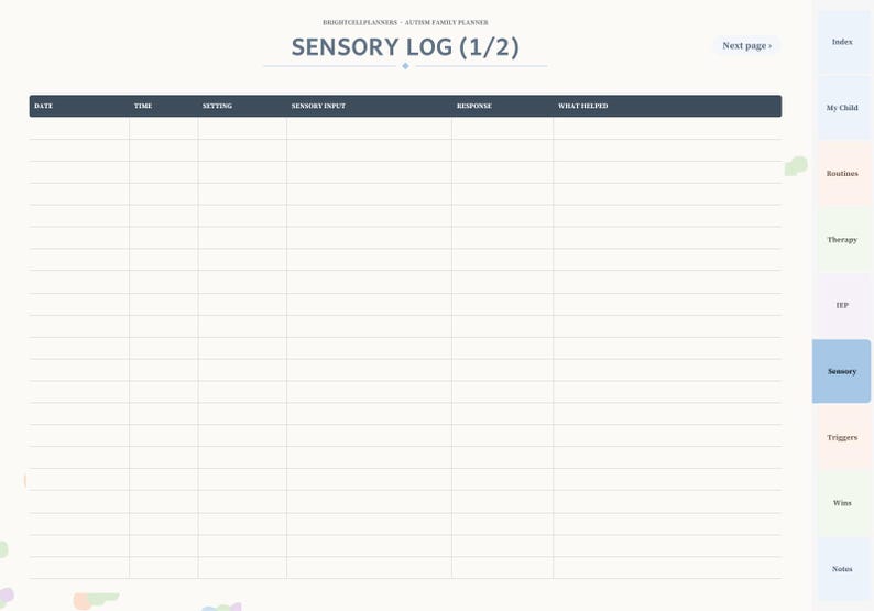 May include: A digital sensory log planner page titled SENSORY LOG (1/2) with columns for date, time, setting, sensory input, response, and what helped. The right side features a vertical navigation tab menu with labels including Index, My Child, Routines, Therapy, IEP, Sensory, Triggers, Wins, and Notes.