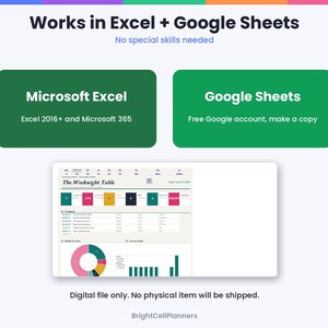 May include: A digital spreadsheet template titled The Weeknight Table that works in Microsoft Excel 2016+, Microsoft 365, and Google Sheets. The interface displays data tables, a donut chart, and a bar graph with colorful metrics.