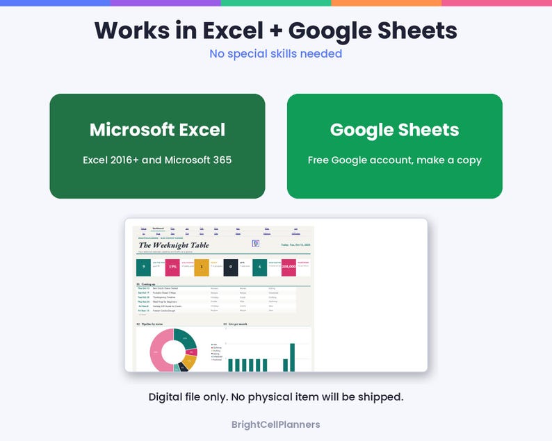 May include: A digital spreadsheet template titled The Weeknight Table that works in Microsoft Excel 2016+, Microsoft 365, and Google Sheets. The interface displays data tables, a donut chart, and a bar graph with colorful metrics.