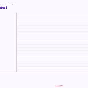 以下が含まれることがあります： Notes 1というタイトルのデジタルプランナーページ。紫色のサイドバーには、Index、Overview、Countdown、Park Day、Rides、Dining、Budget、Packing、Strategy、Photos、Memories、Notesのナビゲーションタブが含まれています。ページには罫線があります。
