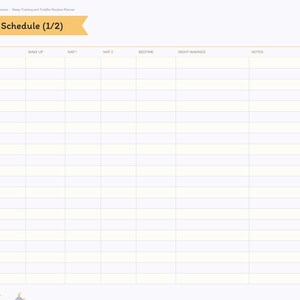 May include: A digital nap schedule planner page with a yellow header labeled Nap Schedule (1/2). The grid includes columns for Date, Wake Up, Nap 1, Nap 2, Bedtime, Night Wakings, and Notes. A sidebar lists index categories including Little One, Naps, Sleep Training, Potty, Meals, Milestones, and Notes.