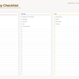 May include: A digital planner page titled Race-Day Checklist with three columns for Night before, Morning, and After. It includes checkboxes for tasks like Lay out outfit, Breakfast, and Recovery drink, with side tabs for Index, Goals, Plan, Run Log, Races, Shoes, PRs, Race Day, and Notes.
