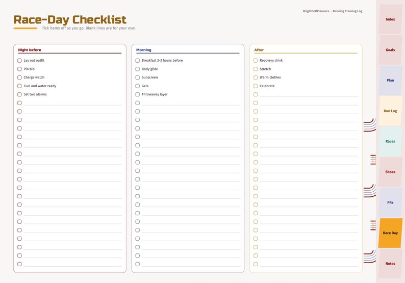 May include: A digital planner page titled Race-Day Checklist with three columns for Night before, Morning, and After. It includes checkboxes for tasks like Lay out outfit, Breakfast, and Recovery drink, with side tabs for Index, Goals, Plan, Run Log, Races, Shoes, PRs, Race Day, and Notes.
