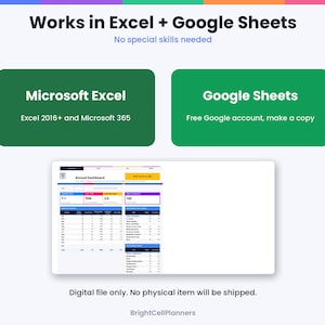 May include: A digital annual dashboard spreadsheet template compatible with Microsoft Excel 2016 and 365, and Google Sheets. The interface displays data tables, metrics, and charts. Text includes Works in Excel + Google Sheets, No special skills needed, and BrightCellPlanners.