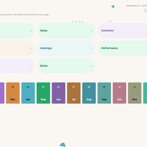 Puede incluir: Una p&aacute;gina de &iacute;ndice de planificador de redes sociales digital con mosaicos de navegaci&oacute;n en colores pastel etiquetados Year at a glance, Setup, Scheduler, Feed Preview, Hashtags, Performance, Idea Bank y Notes, con una fila de calendario mensual 2027.