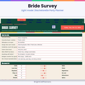 K&ouml;nnte beinhalten: Eine digitale Bride Survey Junggesellinnenabschied-Planungsvorlage mit dunkelgr&uuml;ner Kopfzeile, Navigationstabs, dem Titel Bride Survey und einem Formular mit Feldern f&uuml;r Vorlieben der Braut, Essen und einer Vibe-Check-Skala von 1 bis 5.