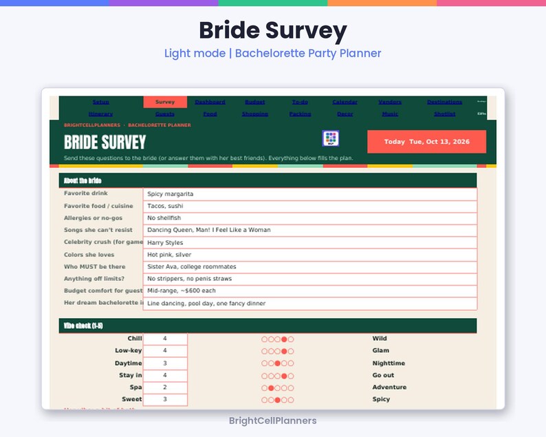 K&ouml;nnte beinhalten: Eine digitale Bride Survey Junggesellinnenabschied-Planungsvorlage mit dunkelgr&uuml;ner Kopfzeile, Navigationstabs, dem Titel Bride Survey und einem Formular mit Feldern f&uuml;r Vorlieben der Braut, Essen und einer Vibe-Check-Skala von 1 bis 5.