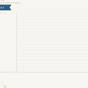 May include: A digital planner page titled Notes 1 with a blue banner header. The layout features a left-hand sidebar with navigation tabs for months and categories, a vertical column for class notes, and a large area with horizontal lines.