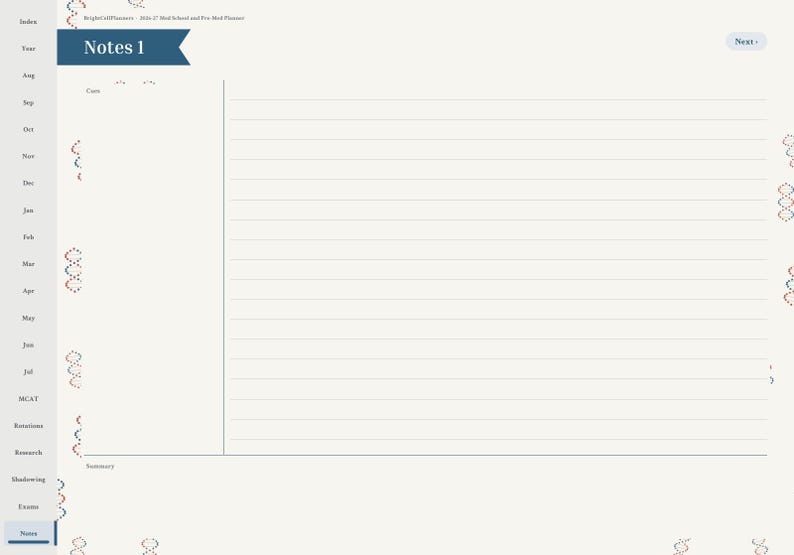 May include: A digital planner page titled Notes 1 with a blue banner header. The layout features a left-hand sidebar with navigation tabs for months and categories, a vertical column for class notes, and a large area with horizontal lines.