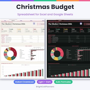 May include: A digital Christmas budget spreadsheet for Excel and Google Sheets titled The Okafors' Christmas 2026. The interface features light and dark modes, displaying financial data, donut charts, bar graphs, and savings progress trackers.