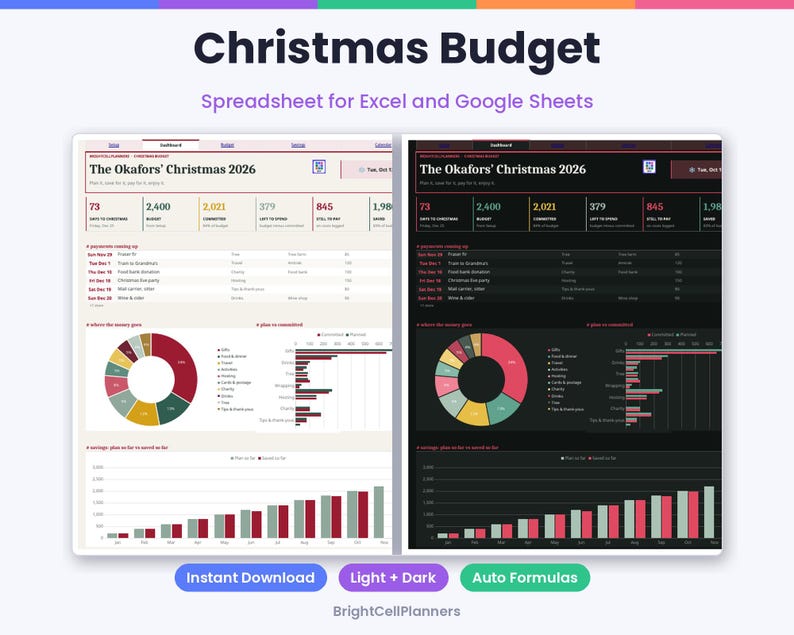 May include: A digital Christmas budget spreadsheet for Excel and Google Sheets titled The Okafors' Christmas 2026. The interface features light and dark modes, displaying financial data, donut charts, bar graphs, and savings progress trackers.