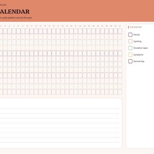 May include: A digital cycle calendar planner page with a peach-colored header, featuring a grid for tracking monthly cycles from January to December. It includes a color key for period, spotting, ovulation, symptoms, and normal days, plus a notes section.