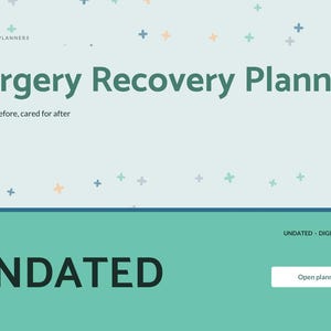 May include: A digital Surgery Recovery Planner with a light blue background featuring small colorful plus signs. The text reads Brightcellplanners, Surgery Recovery Planner, Prepared before, cared for after, Undated, and Open planner.