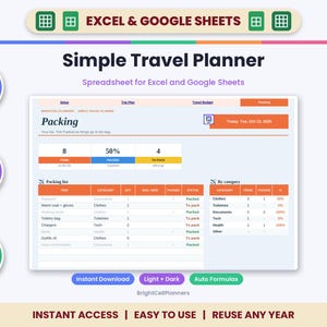 May include: A digital Simple Travel Planner spreadsheet for Excel and Google Sheets. The interface displays a packing list with categories, item quantities, and status columns, alongside a summary dashboard showing 50% packed progress.
