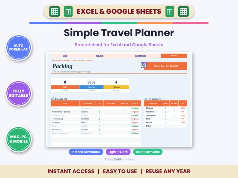 May include: A digital Simple Travel Planner spreadsheet for Excel and Google Sheets. The interface displays a packing list with categories, item quantities, and status columns, alongside a summary dashboard showing 50% packed progress.