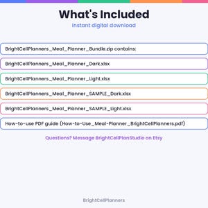 May include: A digital file list titled What's Included, featuring BrightCellPlanners_Meal_Planner_Bundle.zip, BrightCellPlanners_Meal_Planner_Dark.xlsx, BrightCellPlanners_Meal_Planner_Light.xlsx, and a How-to-use PDF guide.