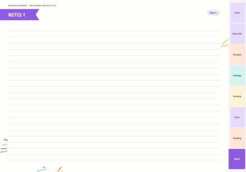 May include: A digital journal page titled NOTES 1 with horizontal lines for writing. The right side features a vertical tab menu with labels: Index, About Me, Prompts, Feelings, Drawing, Stars, Reading, and Notes. The top left displays BRIGHTCELLPLANNERS - KIDS JOURNAL FOR AGES 6 TO 12.