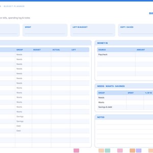May include: A digital budget planner page for January 2027 titled Brightcell Planners. The layout includes sections for money in, spent, left in budget, and kept/saved. It features a budget vs actual table, a money in source table, and a notes section.