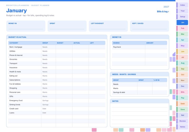 May include: A digital budget planner page for January 2027 titled Brightcell Planners. The layout includes sections for money in, spent, left in budget, and kept/saved. It features a budget vs actual table, a money in source table, and a notes section.