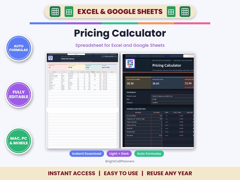 Product Pricing Calculator Spreadsheet for Excel & Google Sheets - Materials Cost and Profit Margin image 1