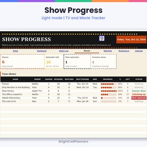 May include: A digital TV and movie tracker spreadsheet titled Show Progress. The interface displays a dashboard with metrics for shows, episodes left, new episodes, and seasons done, plus a table listing show titles, streaming services, and progress bars.